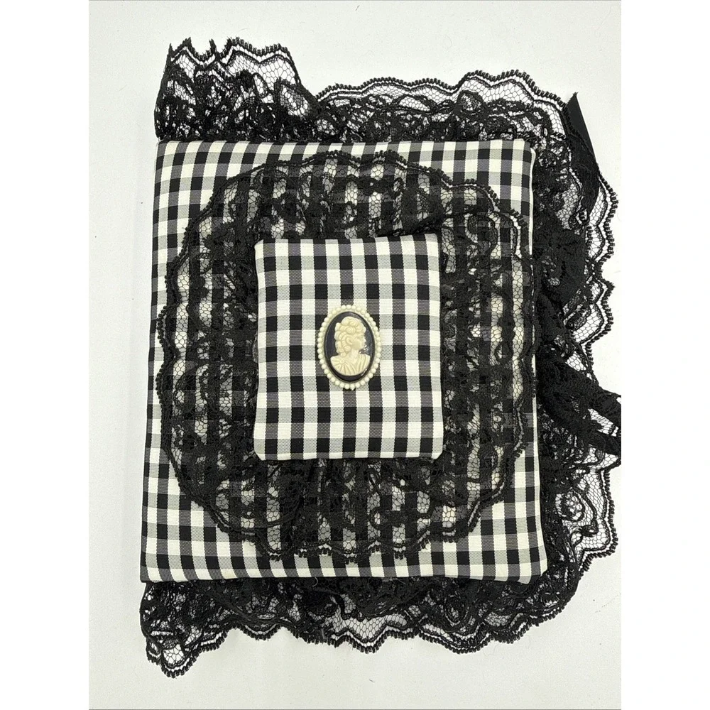 Vintage 1990s Black White Gingham Lace Address Book Cameo Victorian Gothic NOS‎